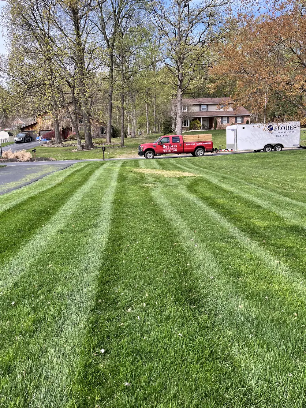 Fresh mowing stripes lead toward a red Flores truck and white enclosed trailer parked along a residential street.