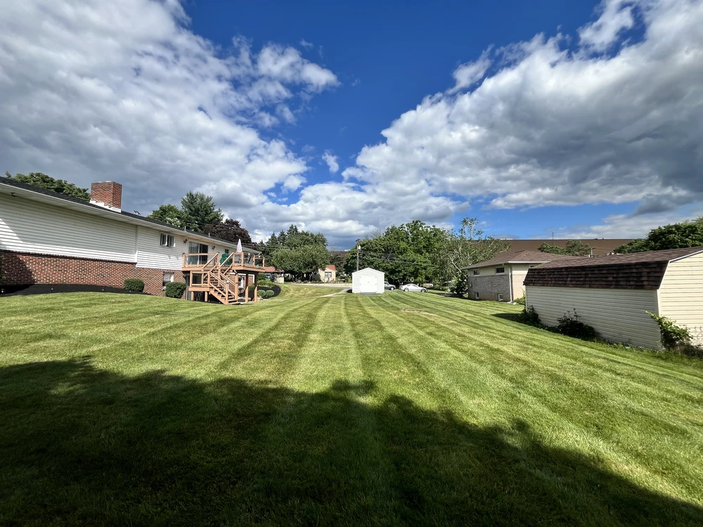 A large, freshly cut green residential yard with distinct mowing stripes leading toward a house with a wooden deck and a detached shed under a cloudy blue sky.