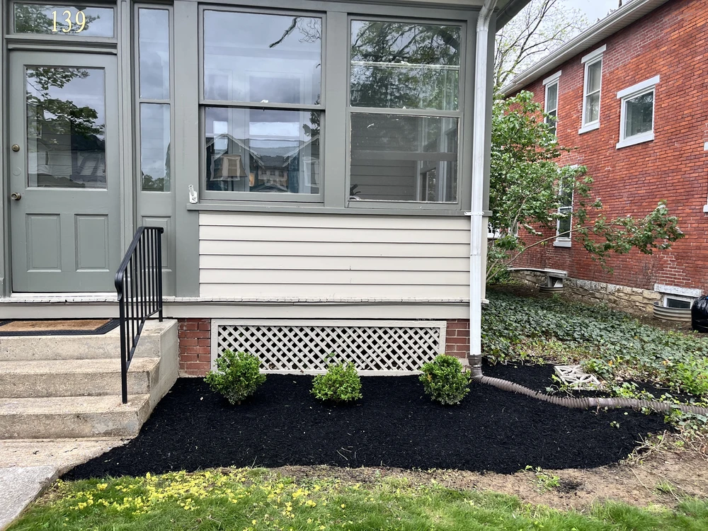 Fresh black mulch and three small shrubs beside the steps and enclosed porch of a gray home.
